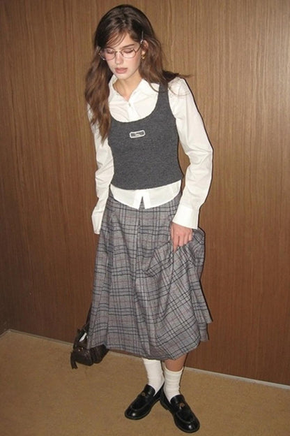 Vintage Gray Plaid Midi Pleated Skirt