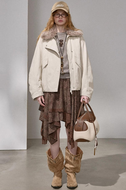 Curved Sleeve Fur Collar Jacket