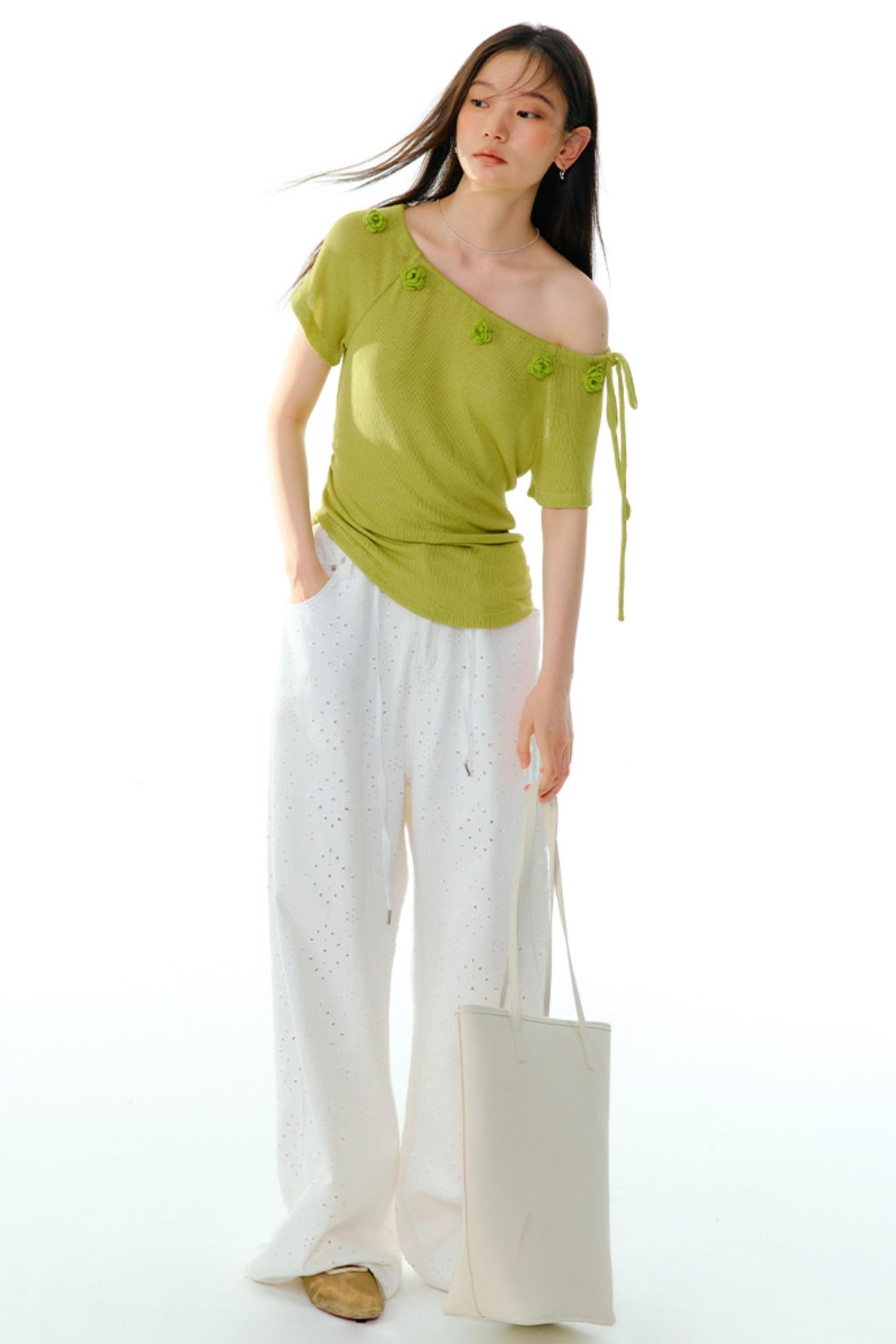 Breathe Between Flowers White Jeans