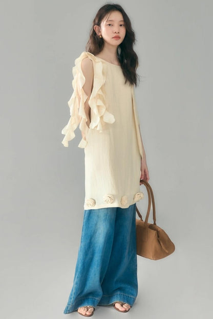 Three-Dimensional Rose Lace Linen-Blend Dress