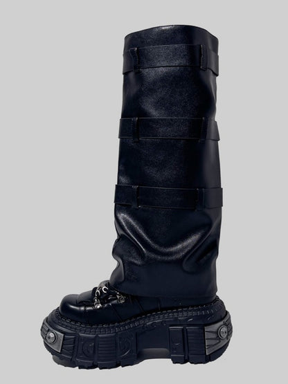 Y2K Punk Style Triple Belt Volume Sole Long Boots