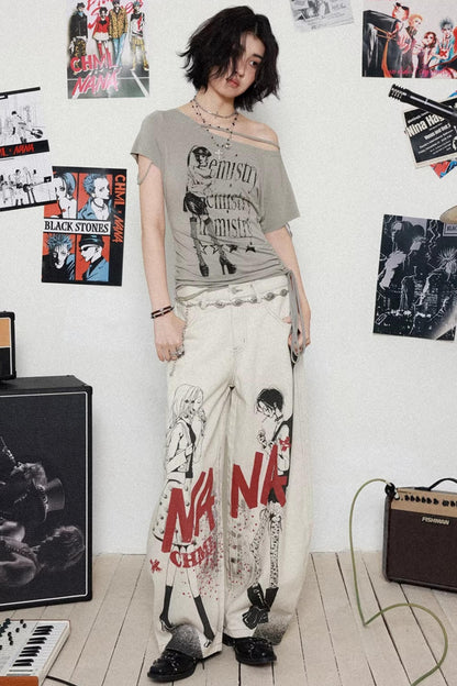 Printed Denim Scimitar Pants