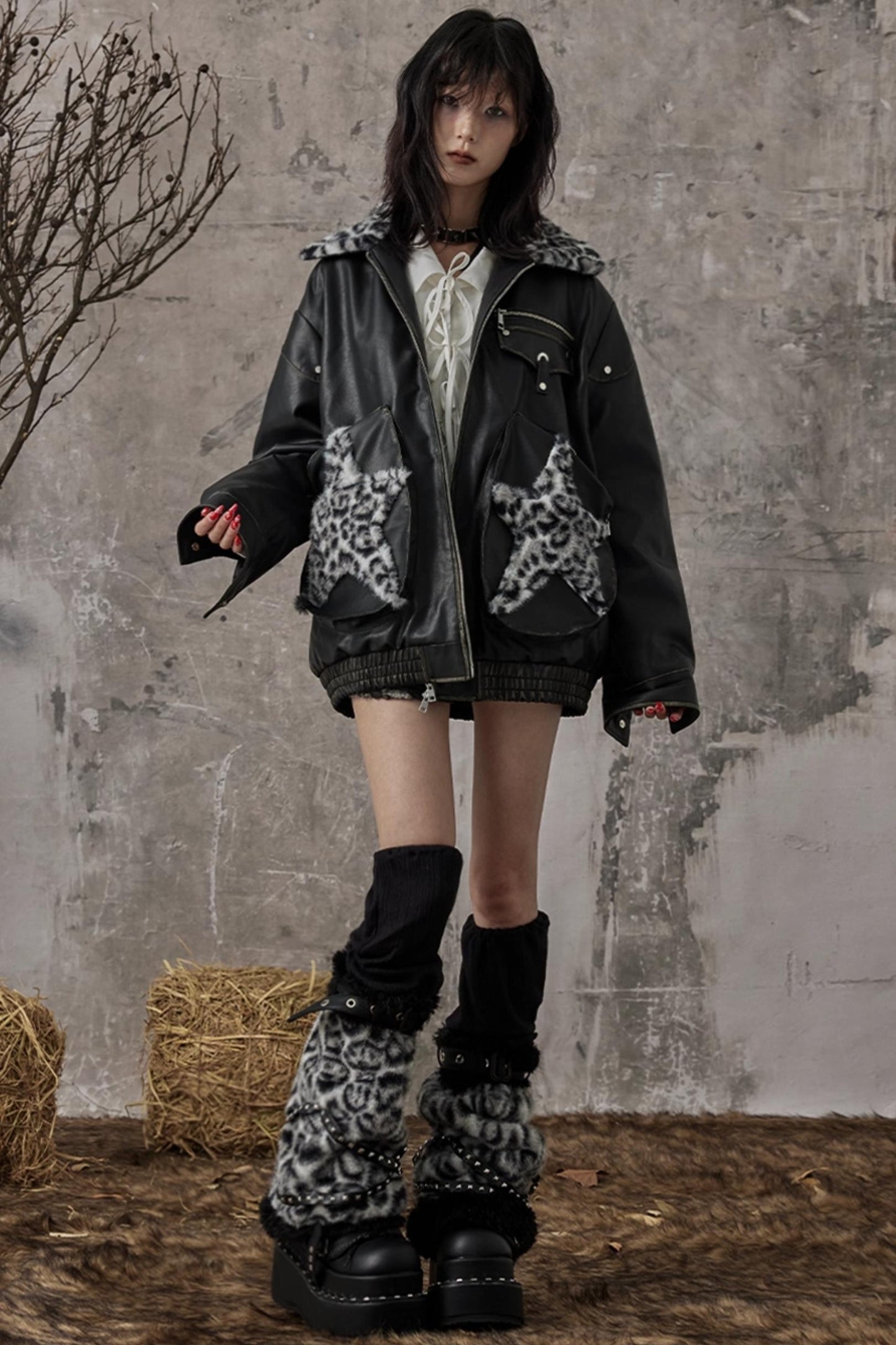 Star Leopard Print Vintage Leather Jacket