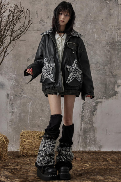Star Leopard Print Vintage Leather Jacket