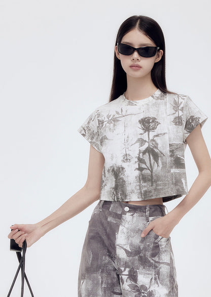 Botanical Pattern Short Round Neck T-Shirt