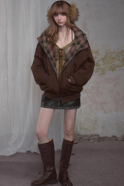 Sweet Lazy Plaid Sweatshirt Jacket