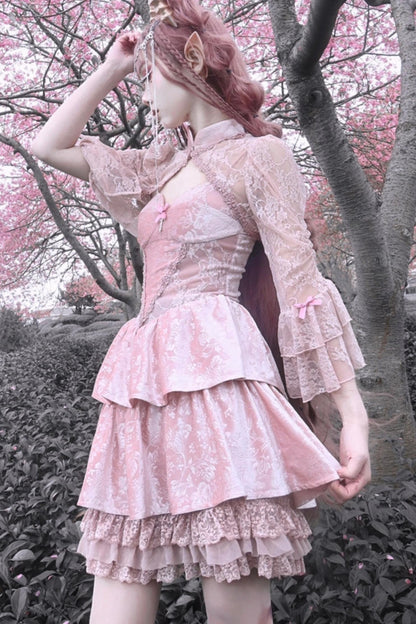 Gothic Lotus Root Pink Strap Dress Set-Up