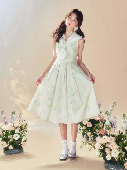 Frills Sailor Collar Floral Sleeveless Dress