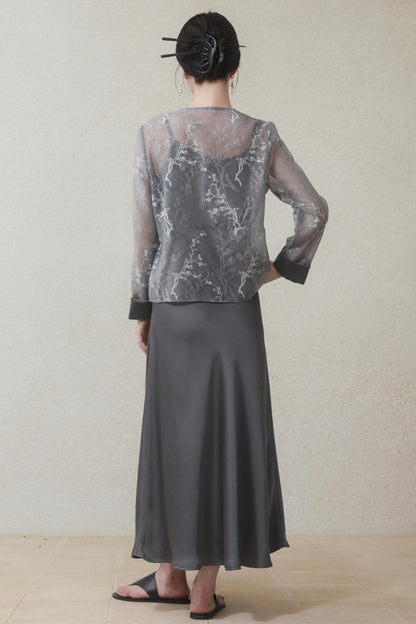 Plum Blossom Cardigan & Satin Dress Set