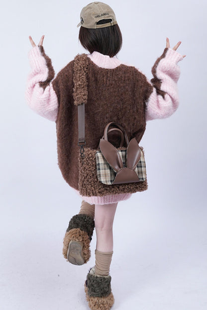 Plaid Rabbit Fur Tote Bag