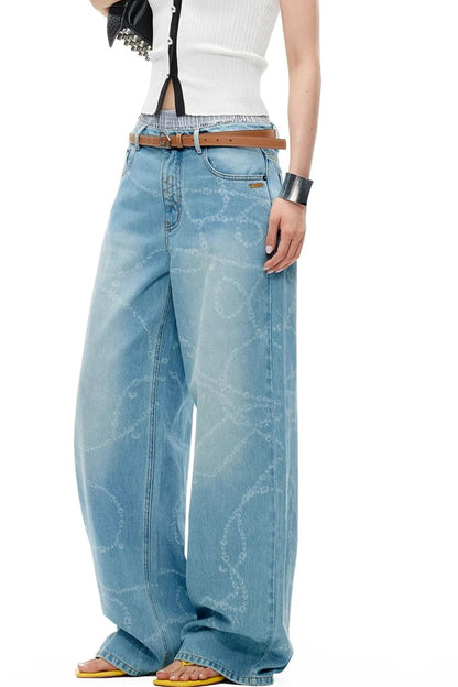 Washed Laser Print Denim Pants