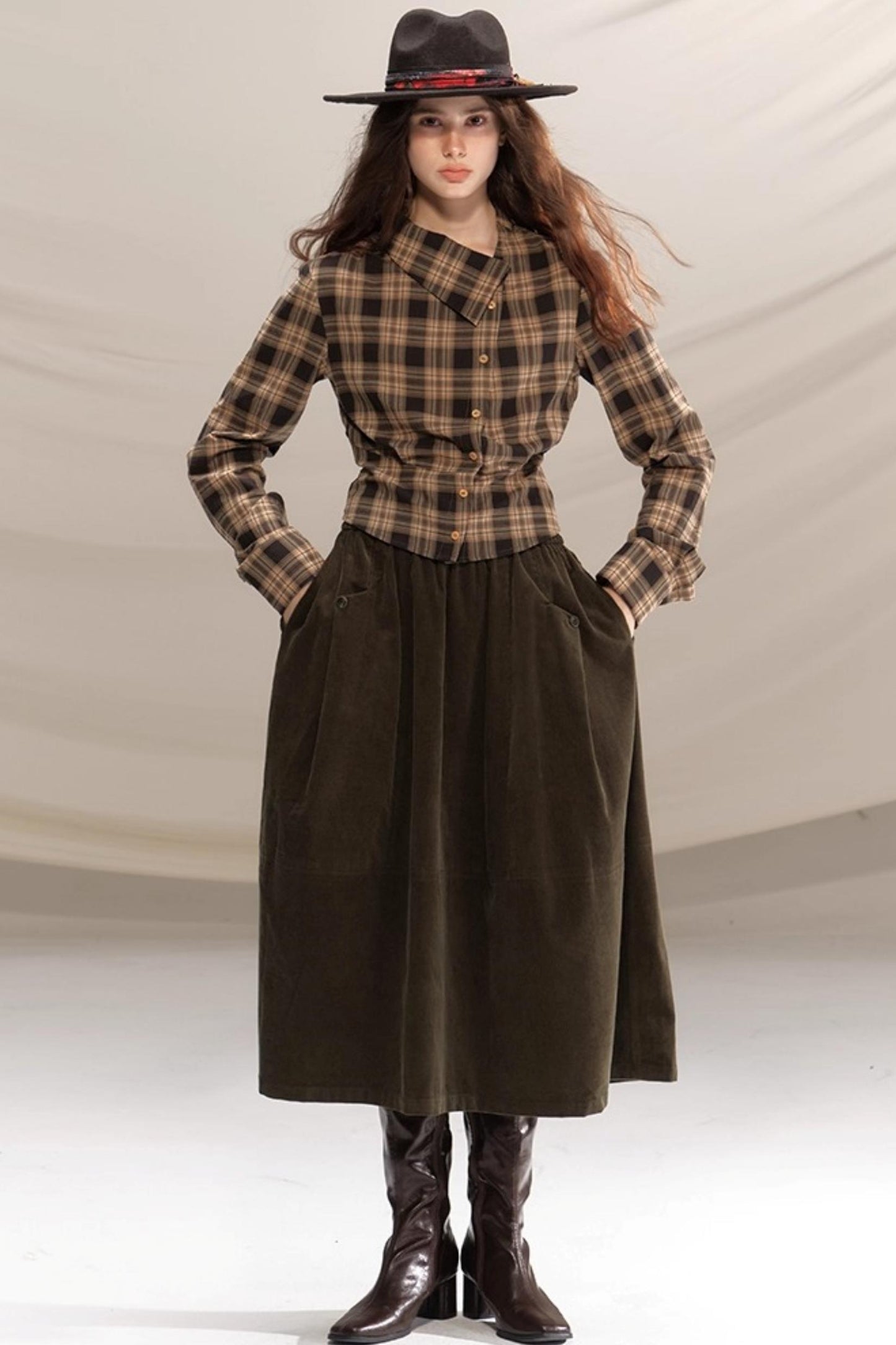 Retro Olive Pleated Skirt