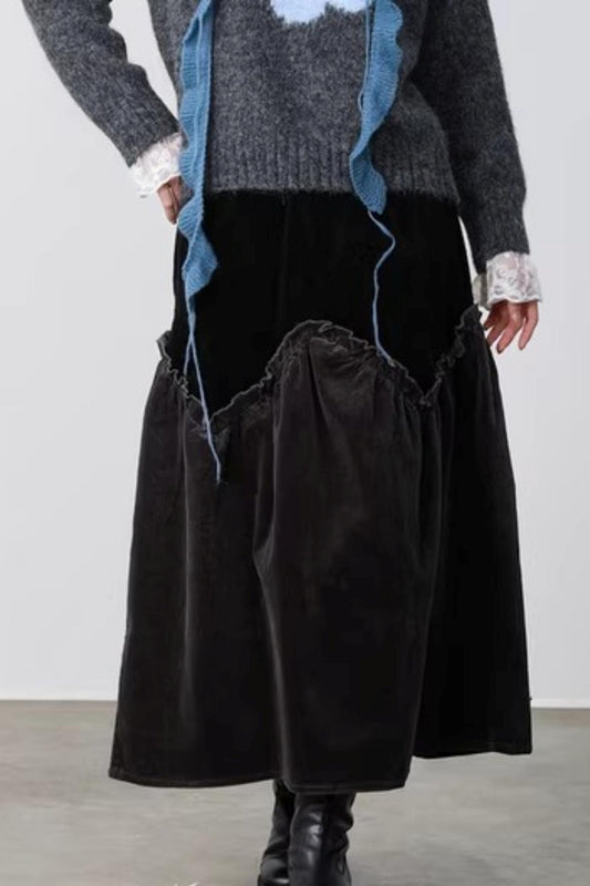 Gray Coffee Spliced Corduroy Skirt