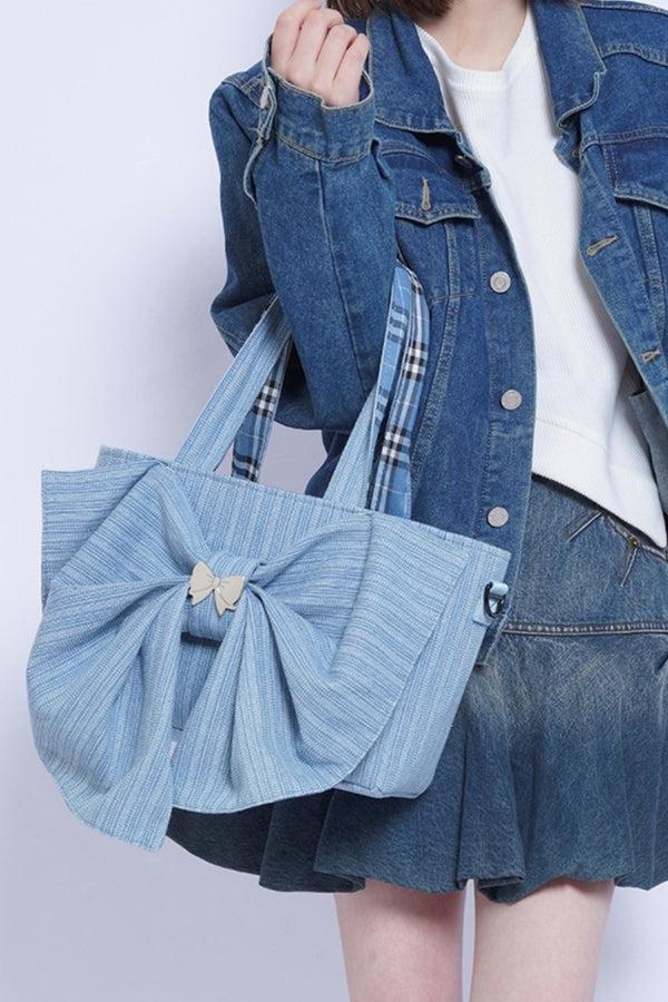 Washed Denim Ribbon Bag