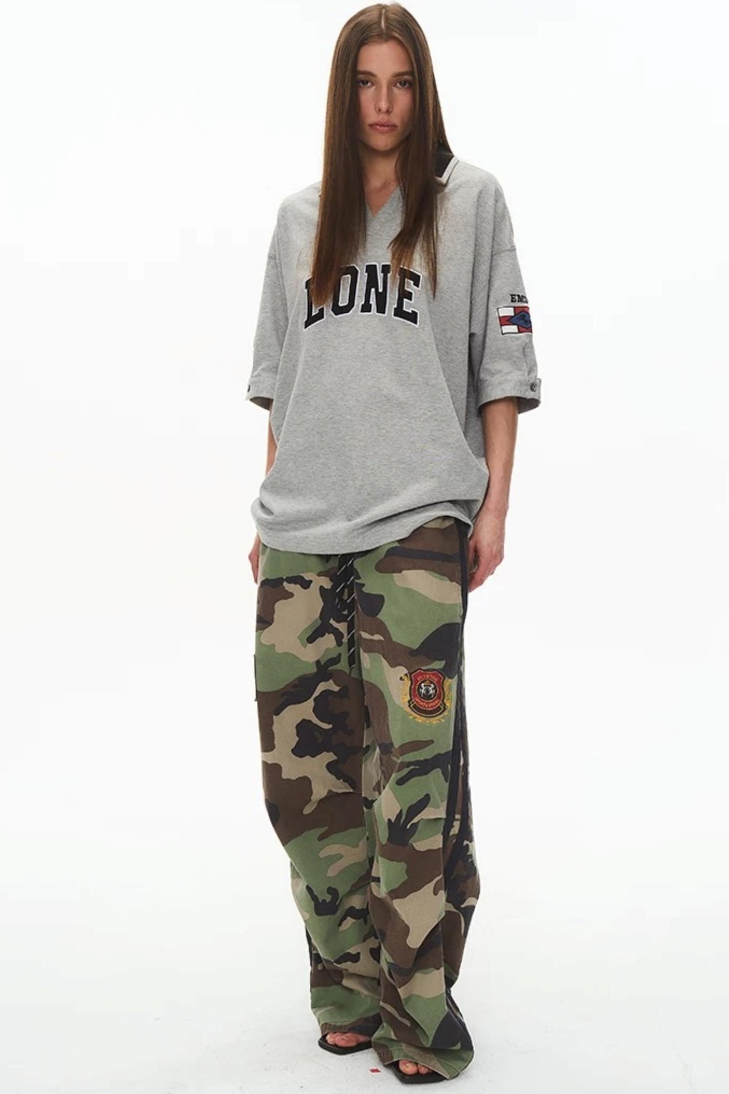 Retro Color-Block Letter Embroidered T-Shirt