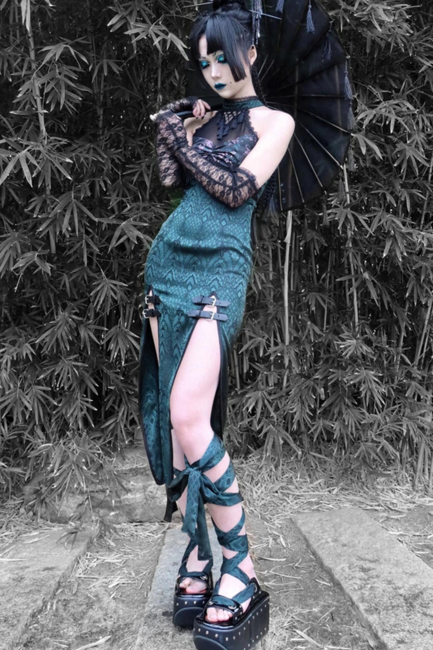 Gothic Mesh Slit Cheongsam Dress Set-Up