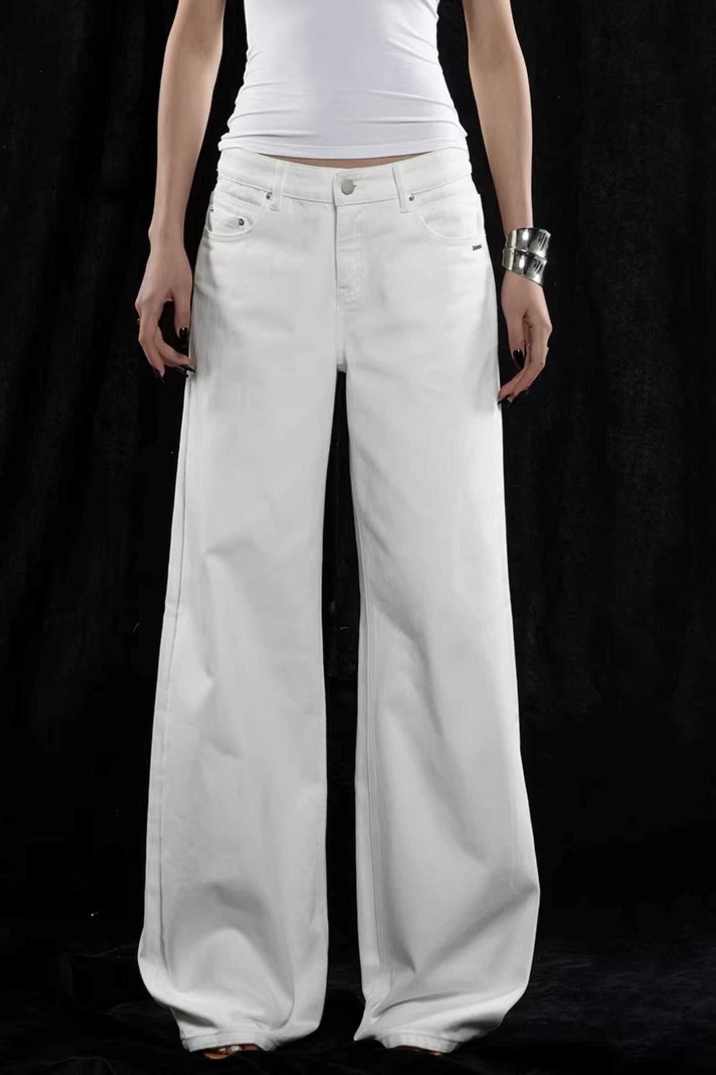 Weiße Mid-Waist Weite Hose
