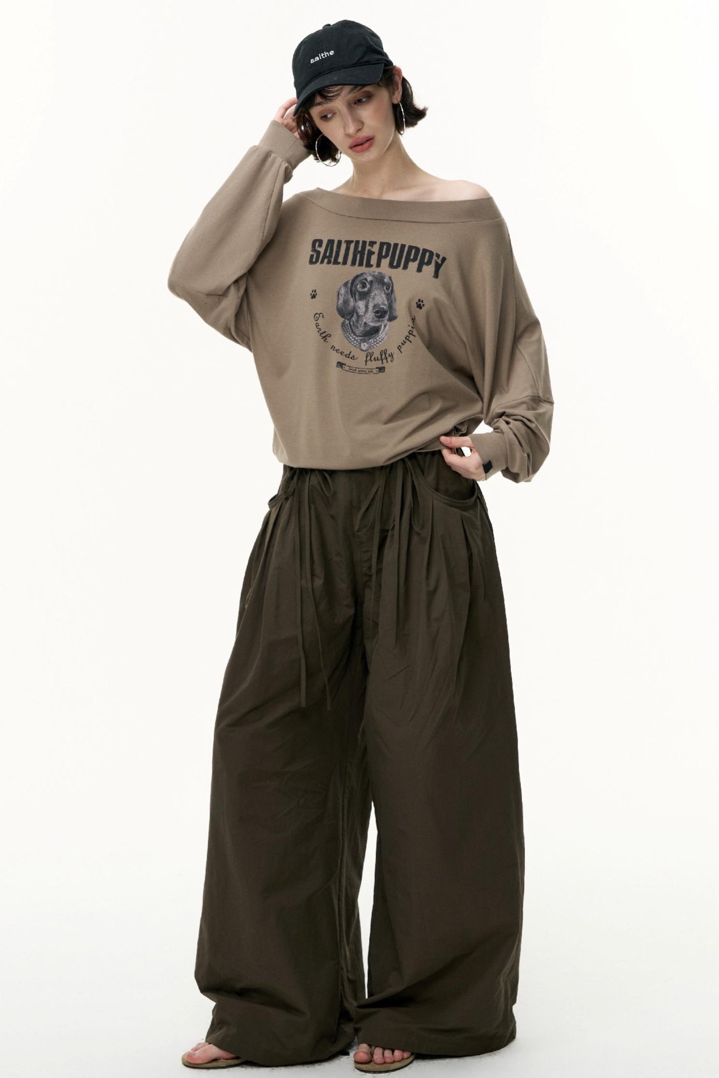 Puppy Print Slanted Shoulder T-Shirt