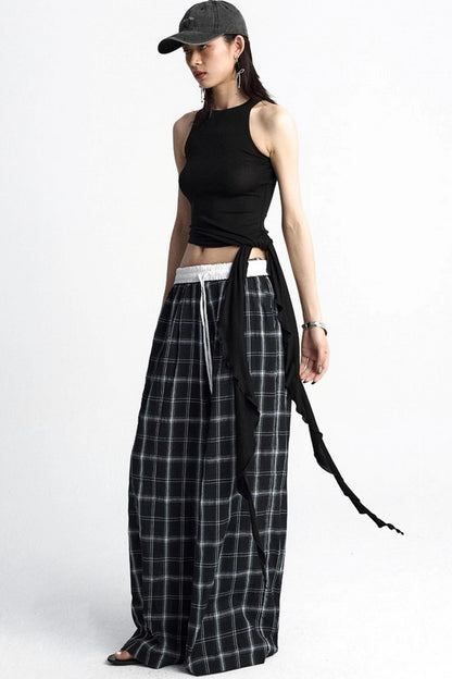 Summer Plaid Wide-Leg Pants