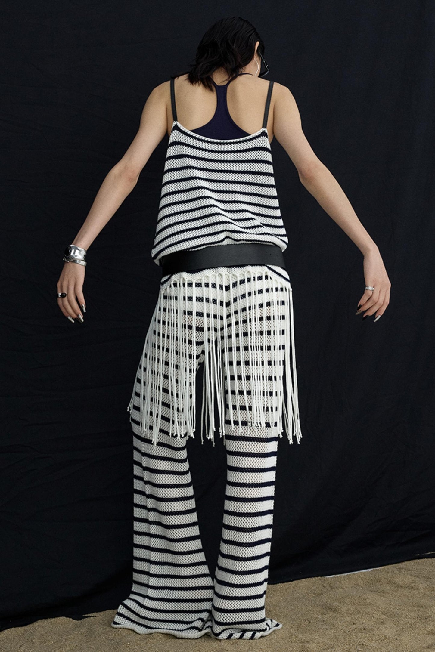 Summer Jacquard V-Neck Leather Hem Vest