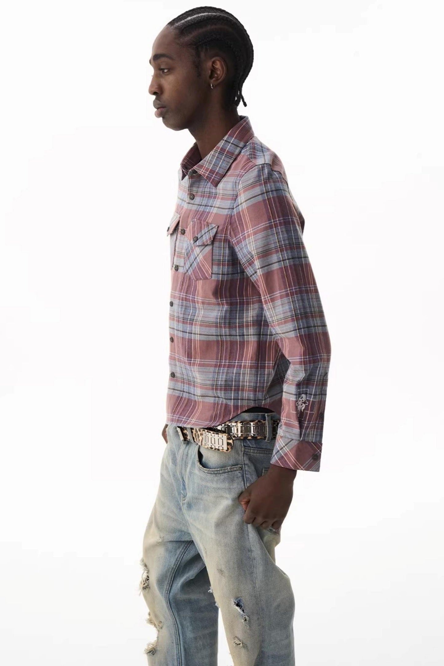 Exitmode Short Plaid Embroidered Shirt
