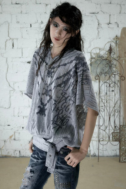 Punk Ripped Knit Hooded Blouse