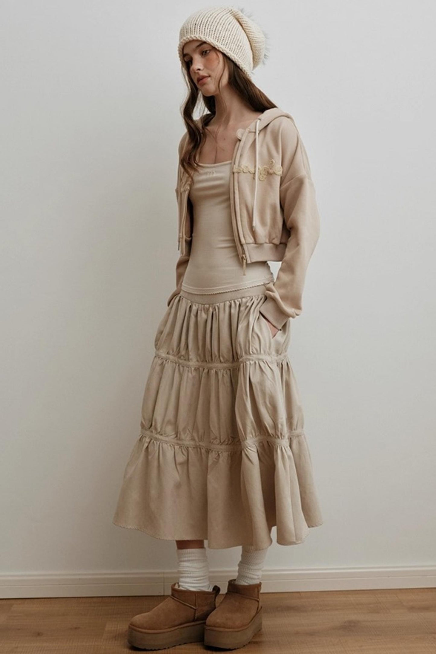 American Retro Suede Spliced Belt Umbrella Skirt