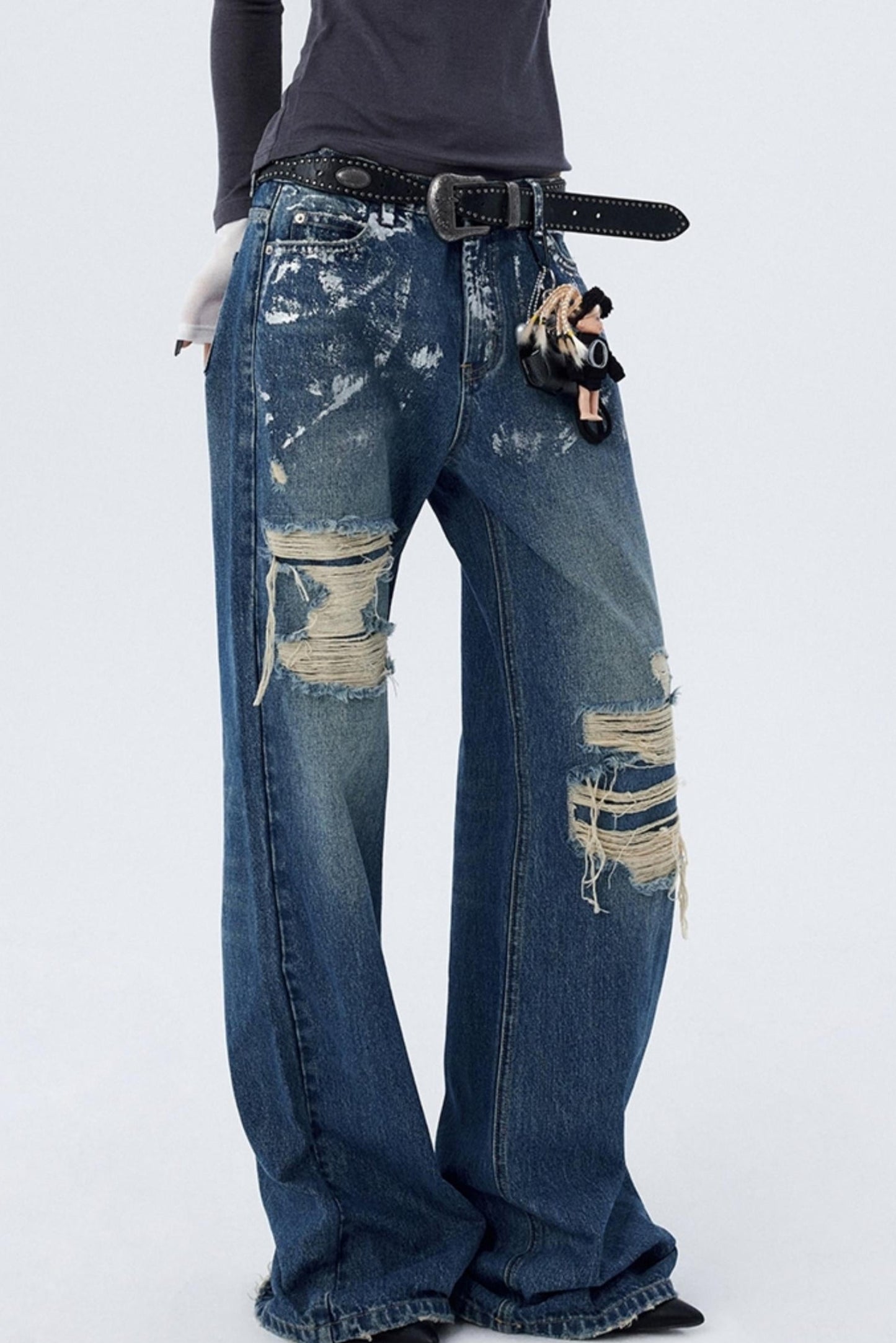 Silver Patch Ripped Wide Jeans Pants