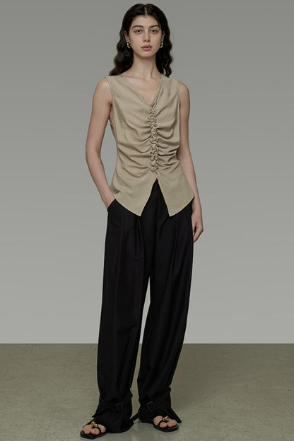 Khaki V-Neck Sleeveless Top