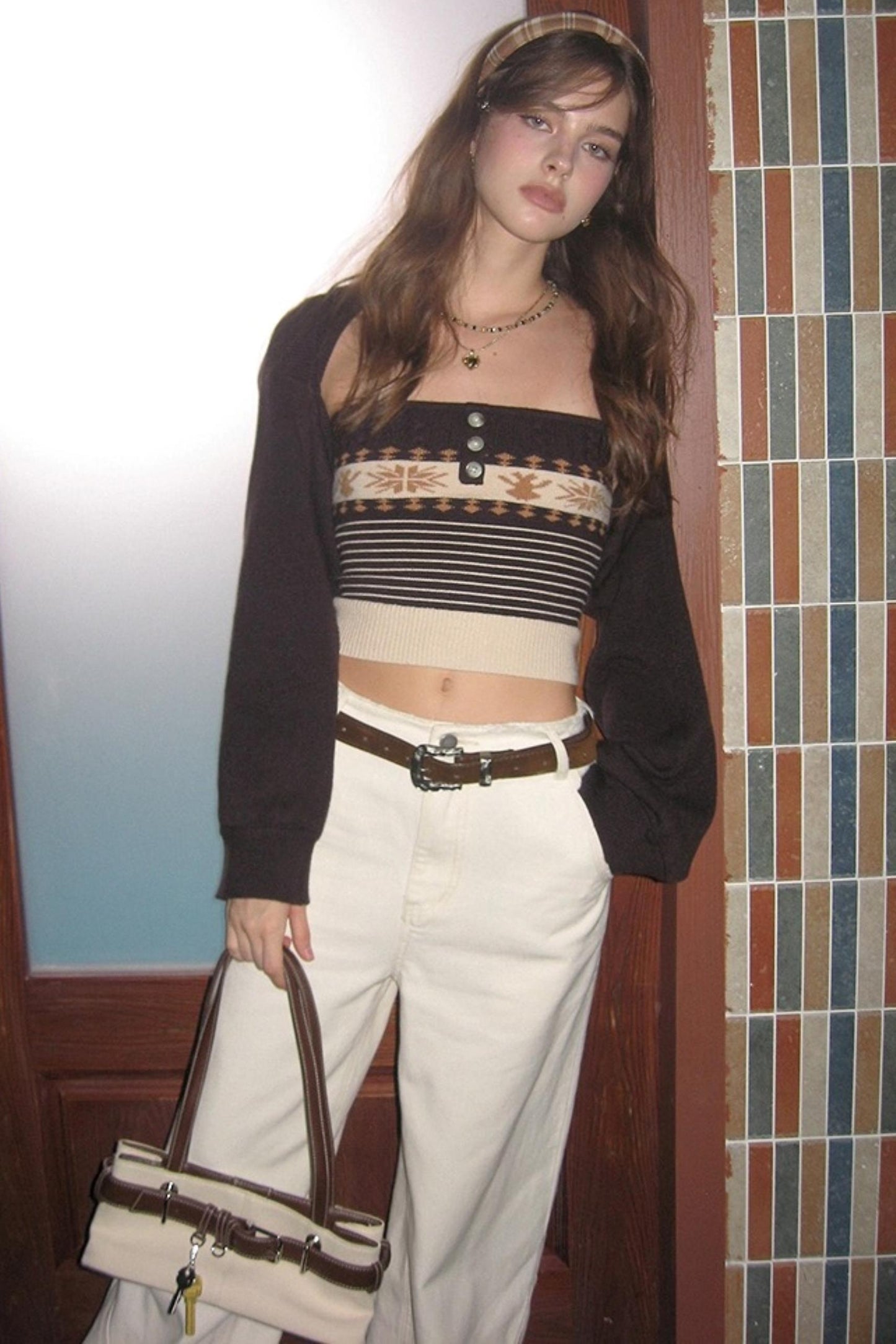 Cropped Knit Cam Shoulder Cardigan Set-Up