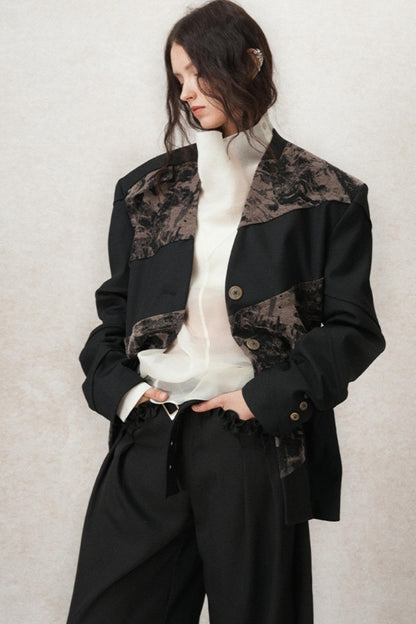 Velvet Panel V-neck Coat With Scarf Set-Up