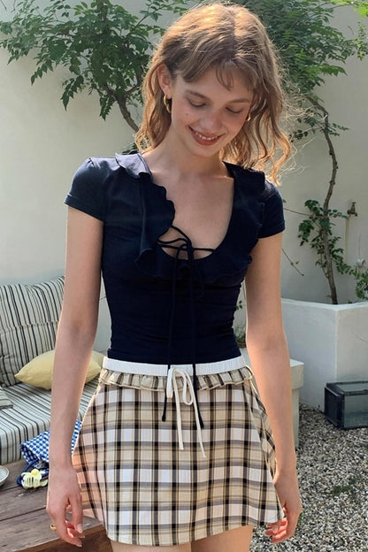 Yellow Checked Ruffled A-Line Skirt