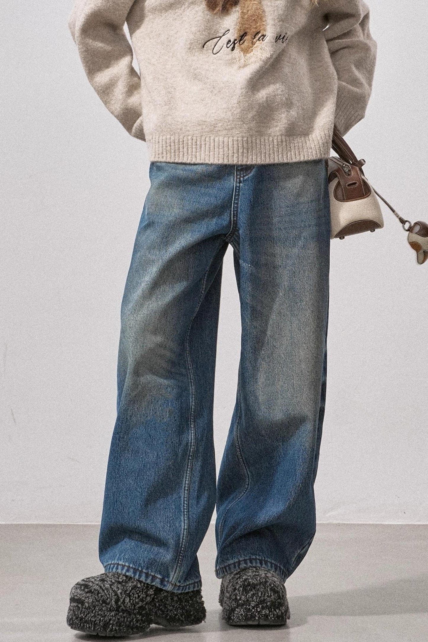 Retro Fleece-Lined Denim Pants