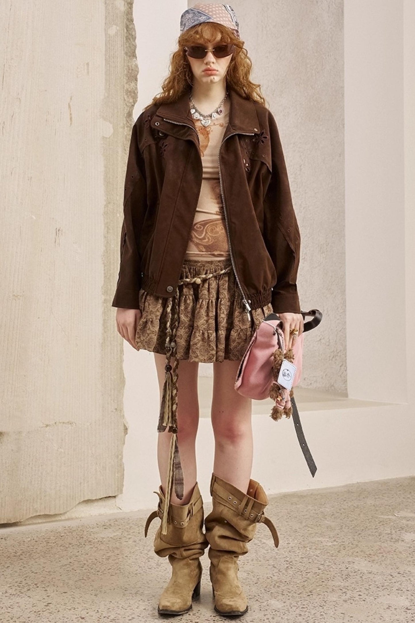 Embroidered Stand Leather Jacket