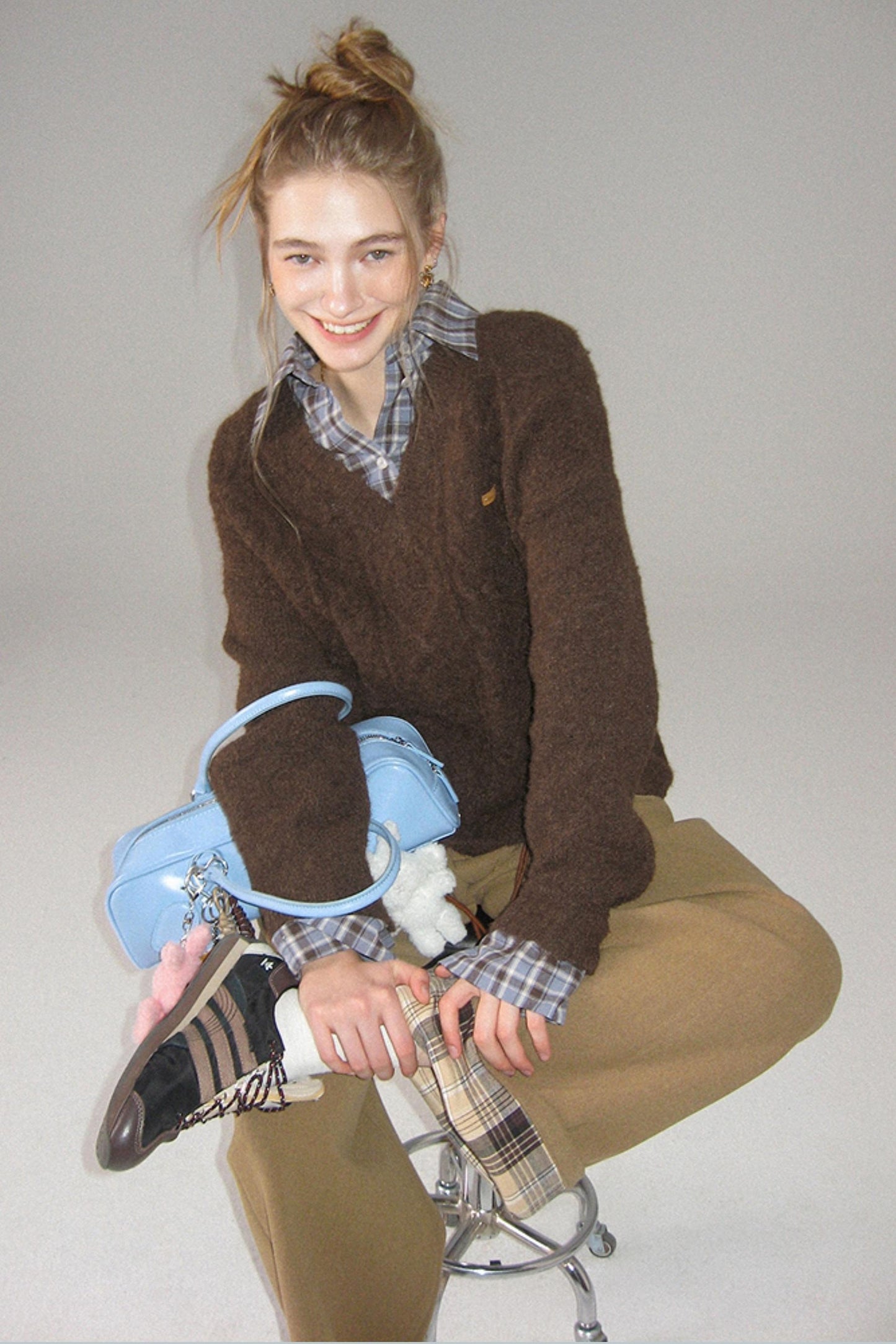 Brown Fake Two-Piece Plaid Shirt