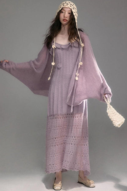 Crochet Knit Camisole Dress Cardigan Set-Up