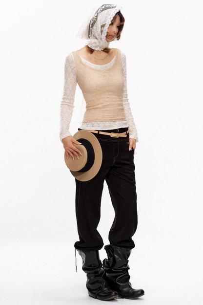 Beige Lace Knit Top
