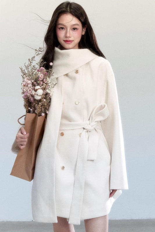 White Lace-Up Woolen Jacket