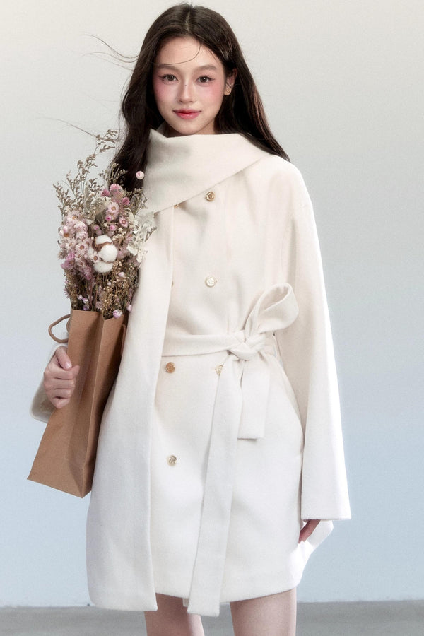 White Lace-Up Woolen Jacket