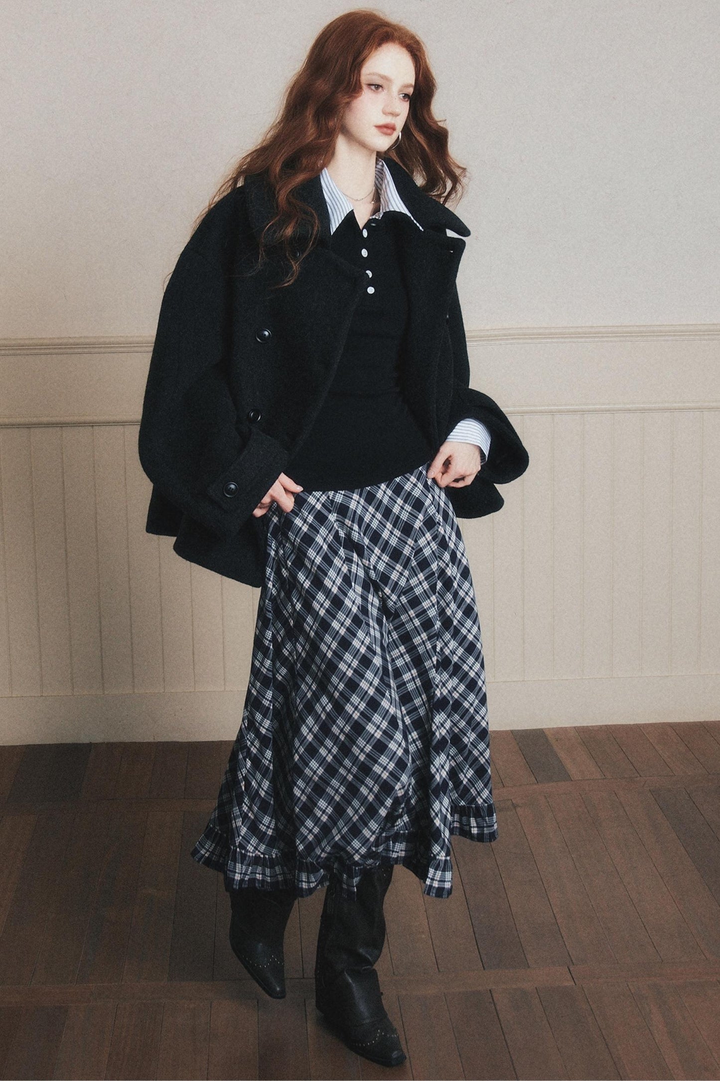 Navy Blue Check A-Line Swing Skirt