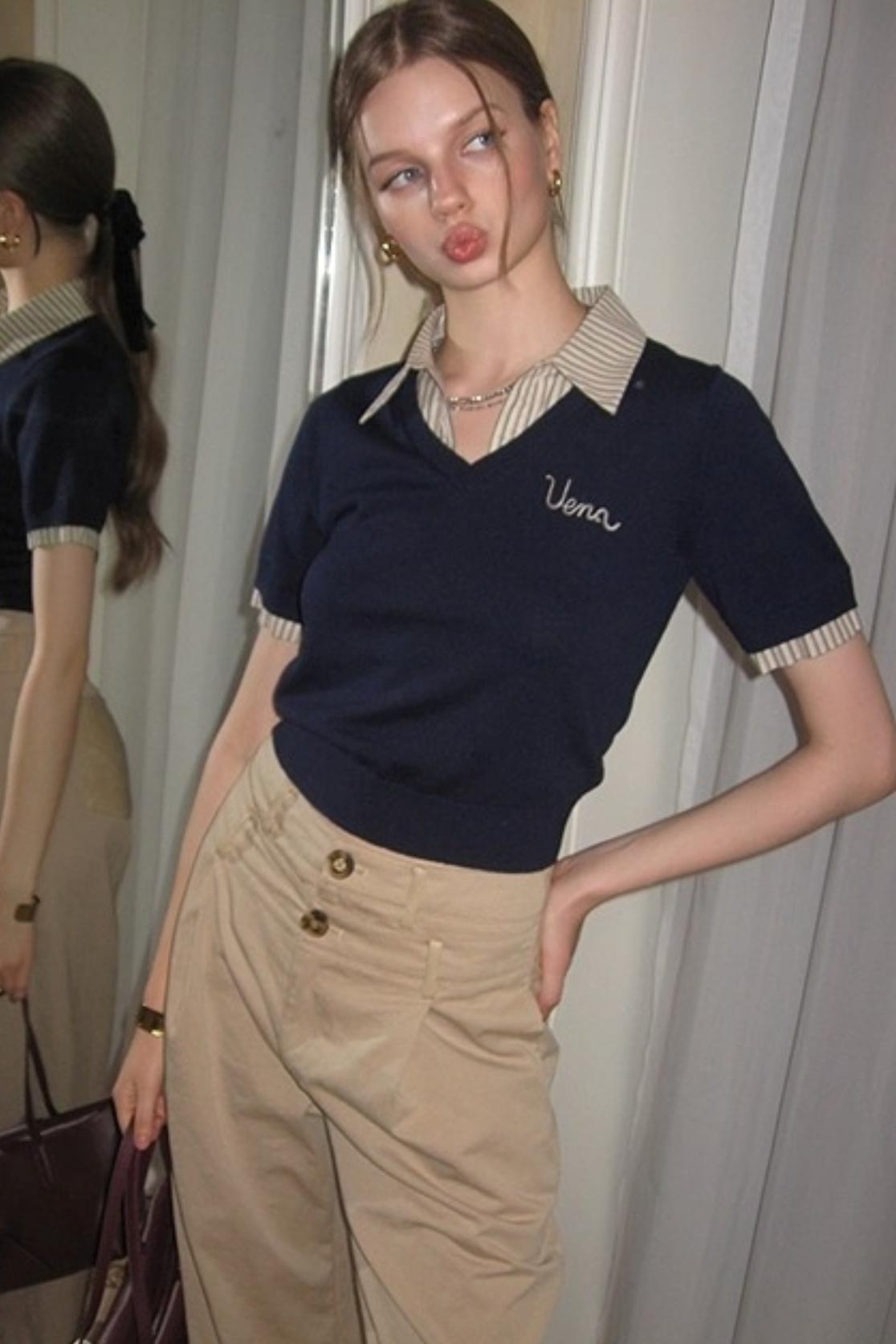 Embroidered Striped Collar Fake Two Piece T-Shirt