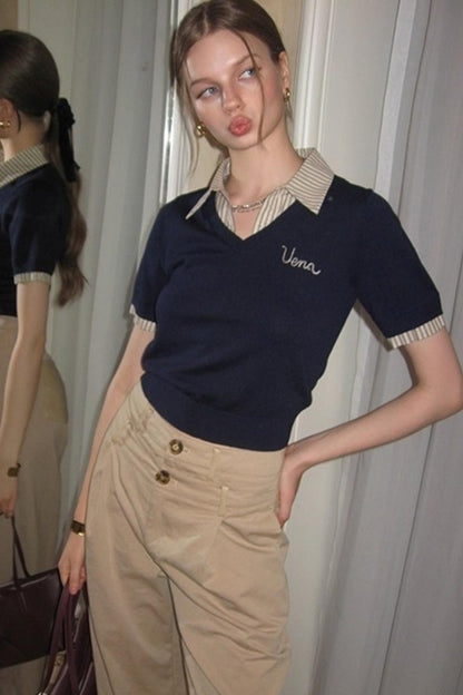 Embroidered Striped Collar Fake Two Piece T-Shirt