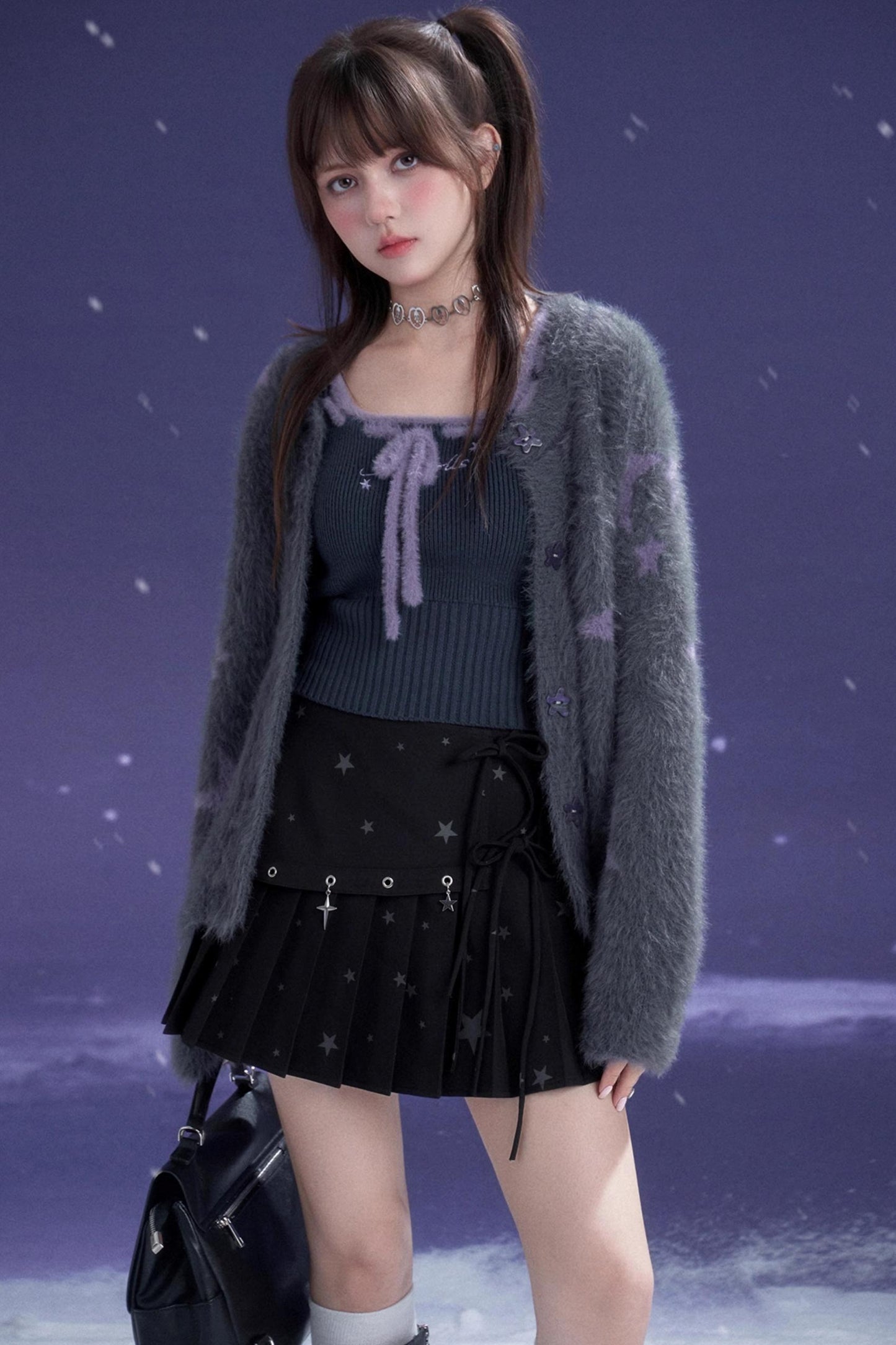 Gray Purple Star Plush Jacket Set-Up