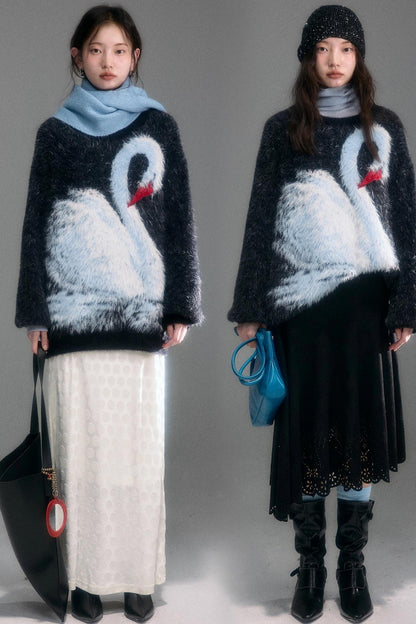 Moonlight Swan Faux Velvet Sweater