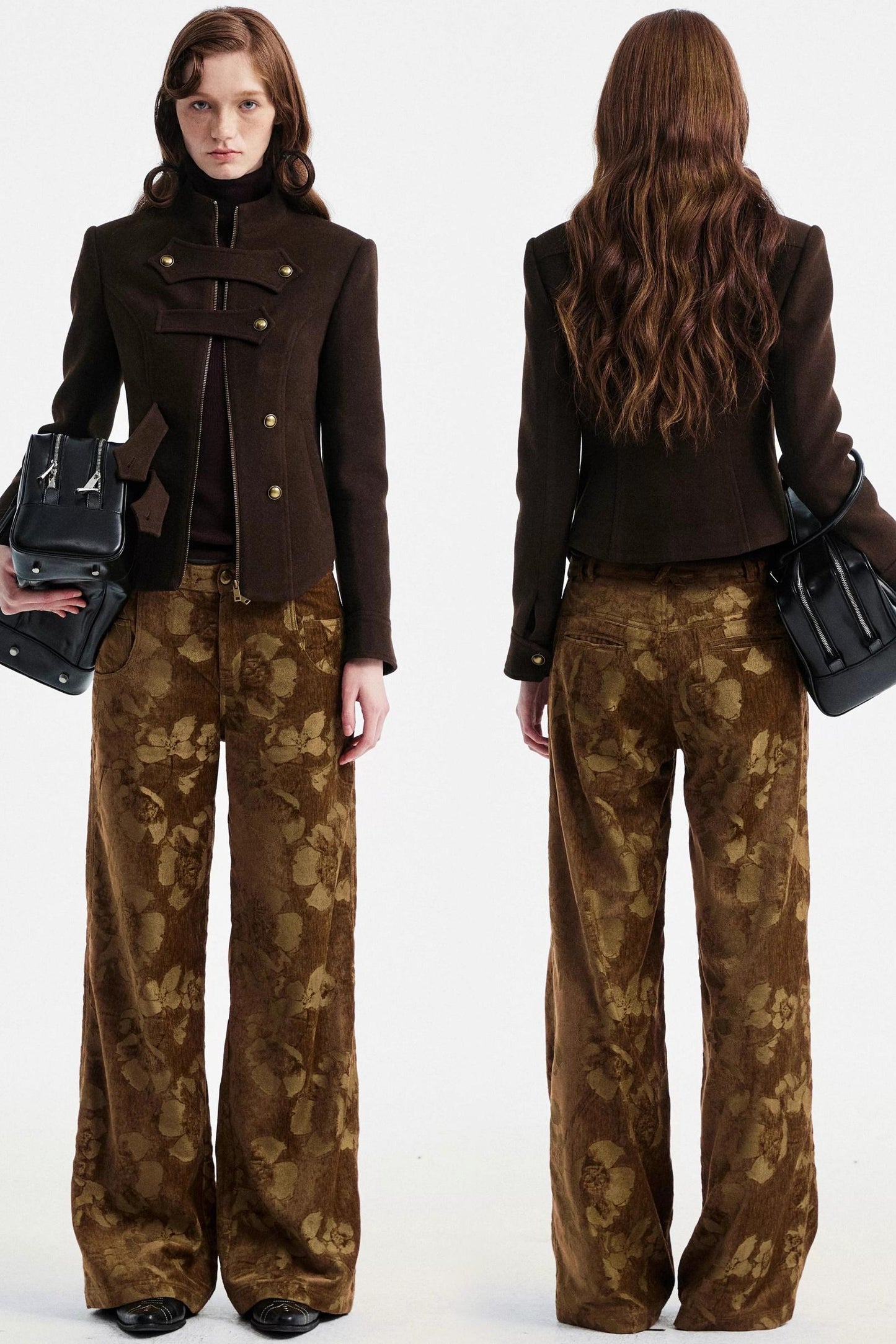 Brown Floral Jacquard Pants