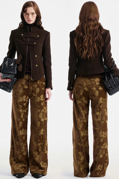 Brown Floral Jacquard Pants