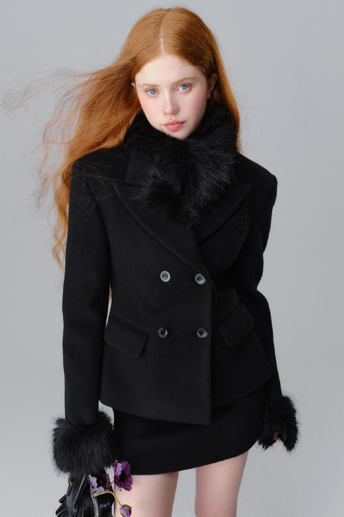 Fur Collar Blazer & Skirt Set-Up