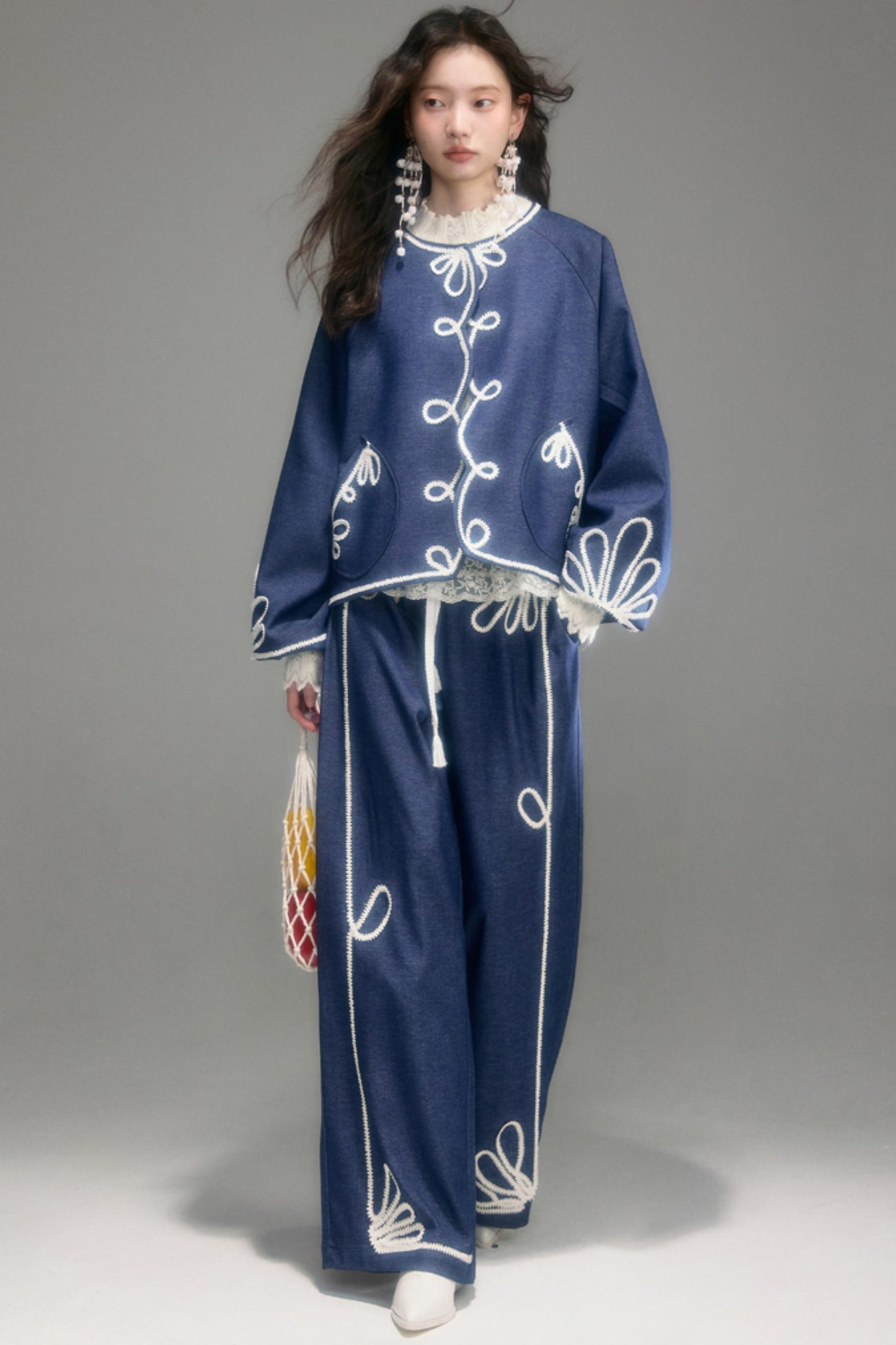 Vintage Embroidery Denim Cardigan Pants Set-Up
