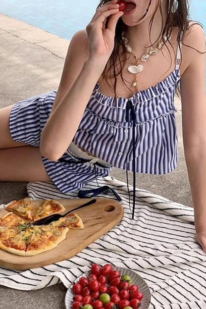 Blue Striped Ruffle A-Line Shorts Set-Up