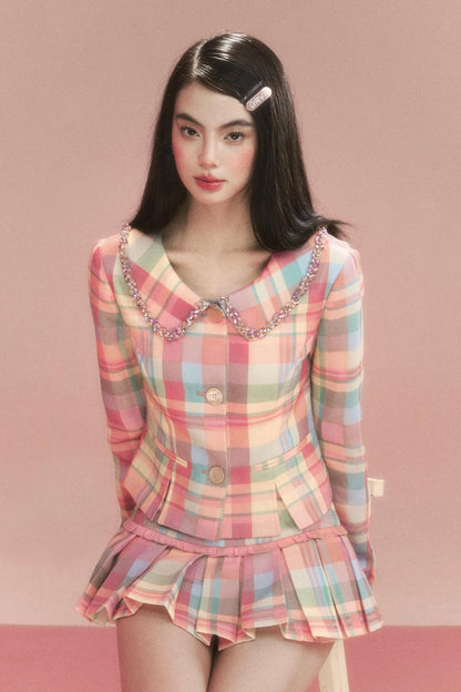 Sweet Vintage Check Jacket And Skirt Set-Up